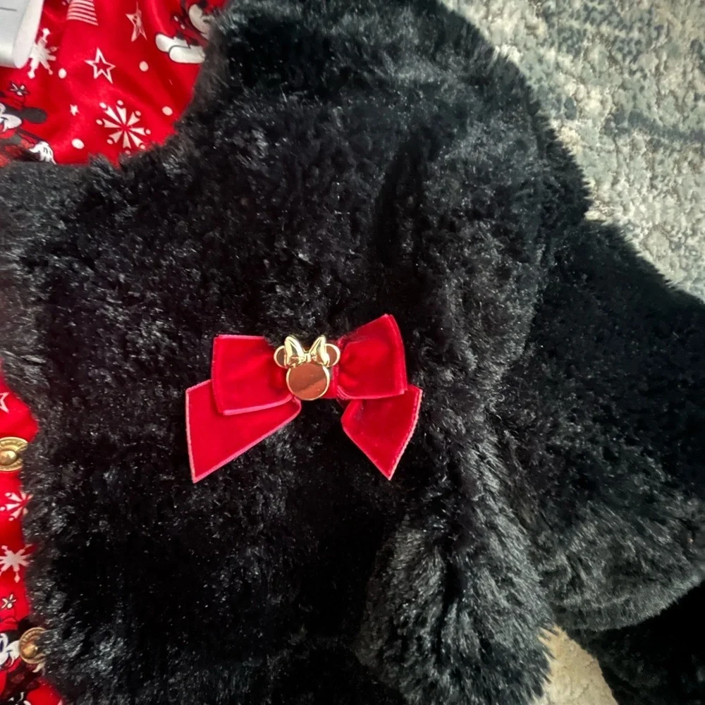 Disney Black Faux Fur Kids Jacket with Red Accents Bow Lined Size 5/6
